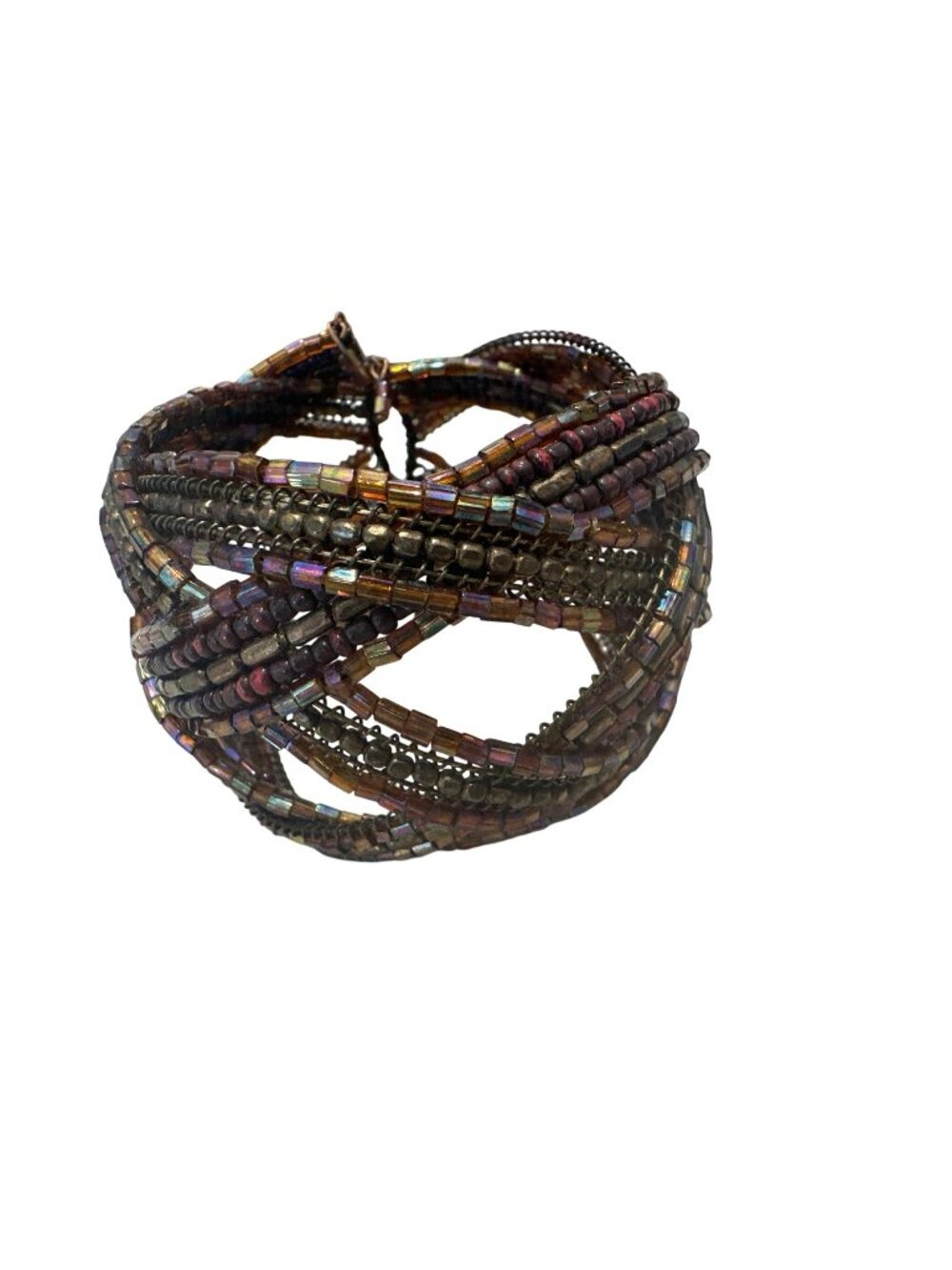 Handmade Multi-Strand Brown Metallic Beaded Cuff Bracelet Chunky Boho Style